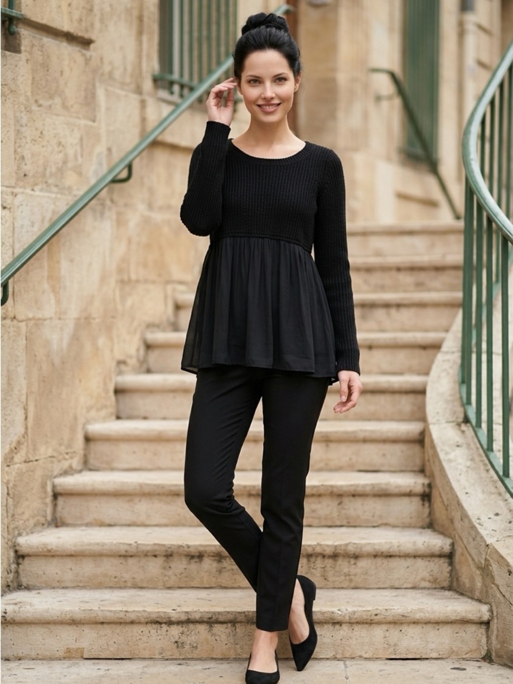 Kimchi Blue Anthropologie Peplum Top Medium Black Knit Chiffon Stretch